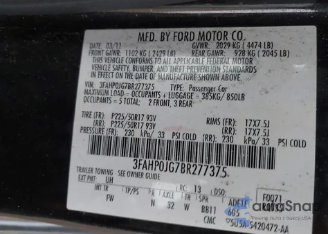 2011 Ford Fusion Sel z USA, uszkodzony, nr VIN 3FAHP0JG7BR277375
